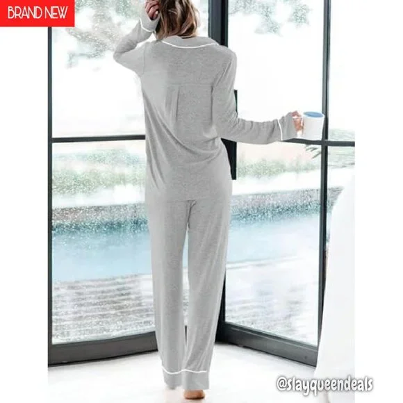 Soft Long Sleeve Pajama Set with Pockets Button Down Shirt & Pants